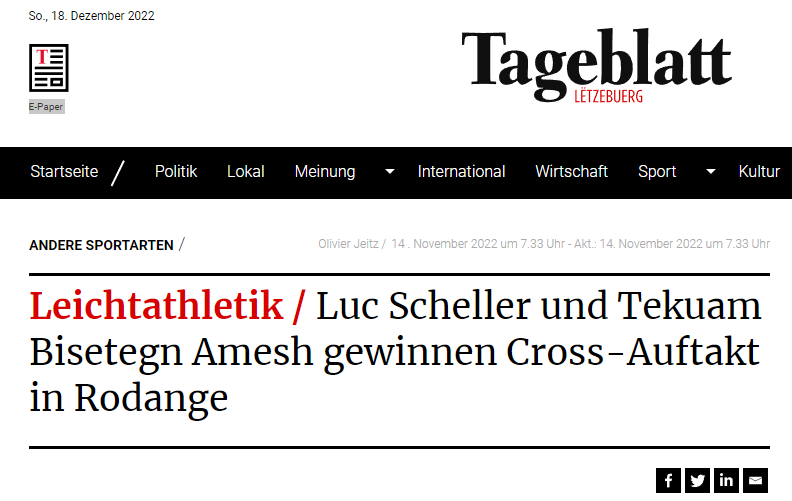 Tageblatt – Leichtathletik / Luc Scheller und Tekuam Bisetegn Amesh gewinnen Cross-Auftakt in Rodange